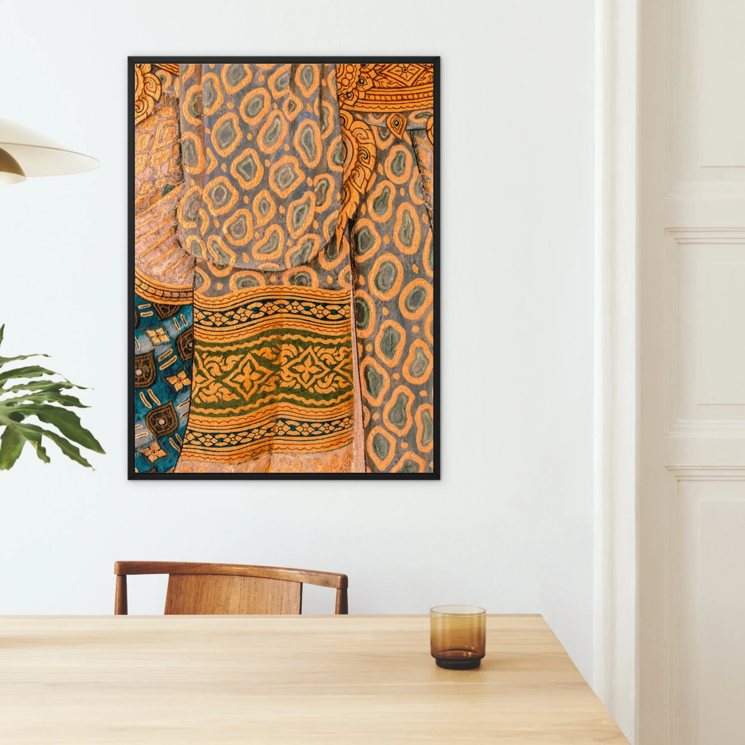 Lady in Waiting Royal Siam Thai Mural Framed Canvas, Framed Artwork Abstract Patterns Orange Blue Brown Leopard