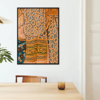 Lady in Waiting - Royal Siam Thai Mural Framed Canvas, Framed Artwork Abstract Patterns Orange Blue Brown Leopard