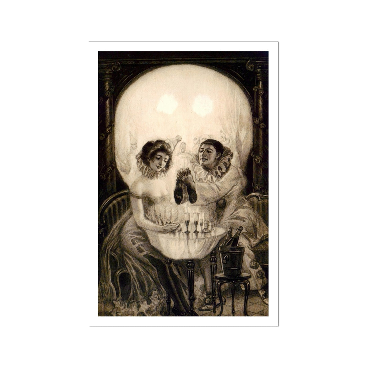 L’amour De Pierrot - Salvador Dali Art Print, Optical Illusion Artwork Two Women Table Subtly Skull