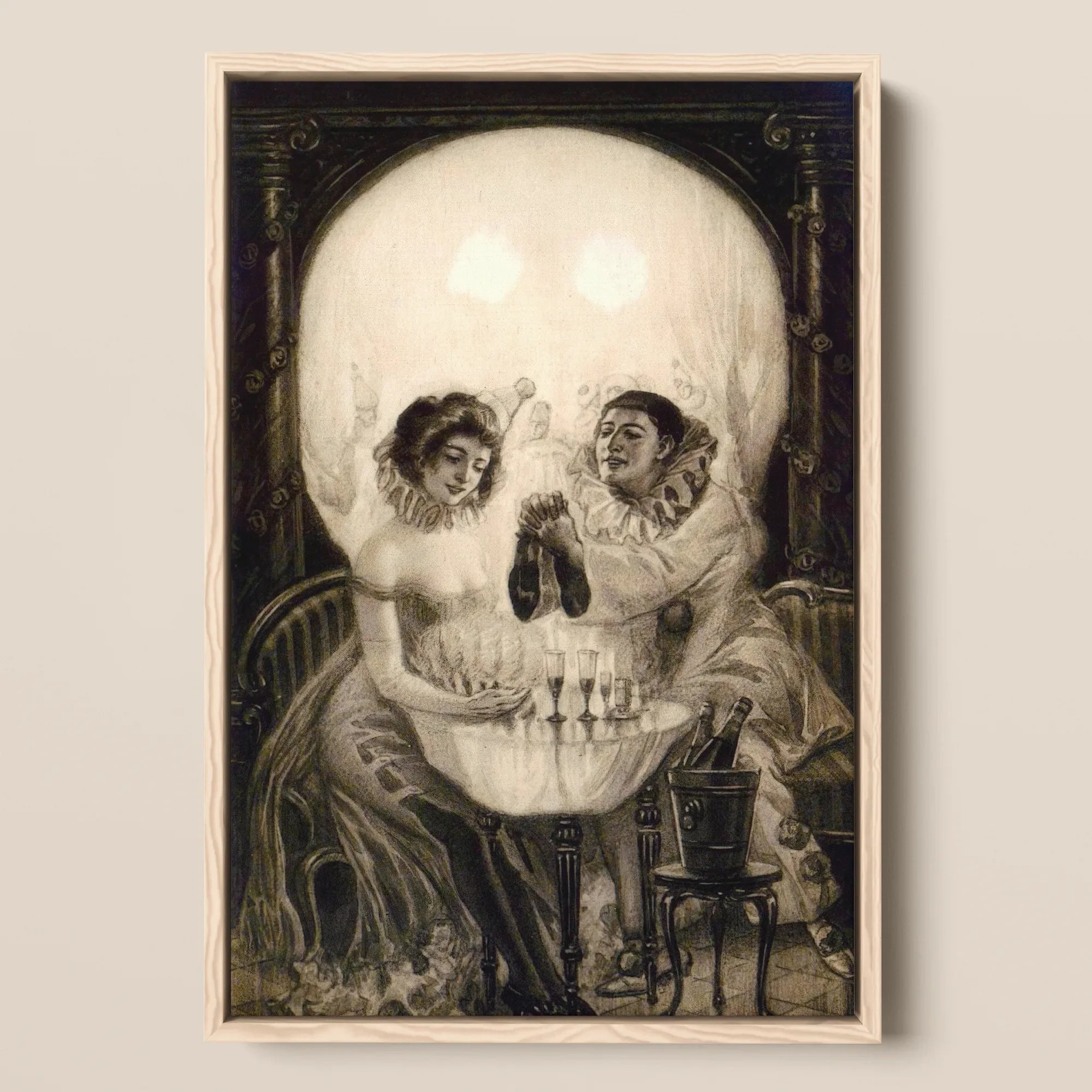 L’amour De Pierrot - Salvador Dali Framed Canvas, 12x18’’ / 31x46cm / Natural Floating Frame, Optical Illusion Painting Two Figures Skull