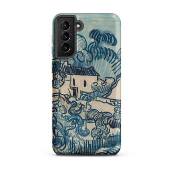 Blue Landscape with Houses - Vincent Van Gogh Phone Case Mobile Cases Blue Cream-colored Phone Case Stylized Landscape Design Reminiscent