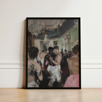 Black-framed Painting Elegant Ballroom Scene Figures Formal Attire Luxe Vintage Gay, Rave, Desire Waltzes Unbound