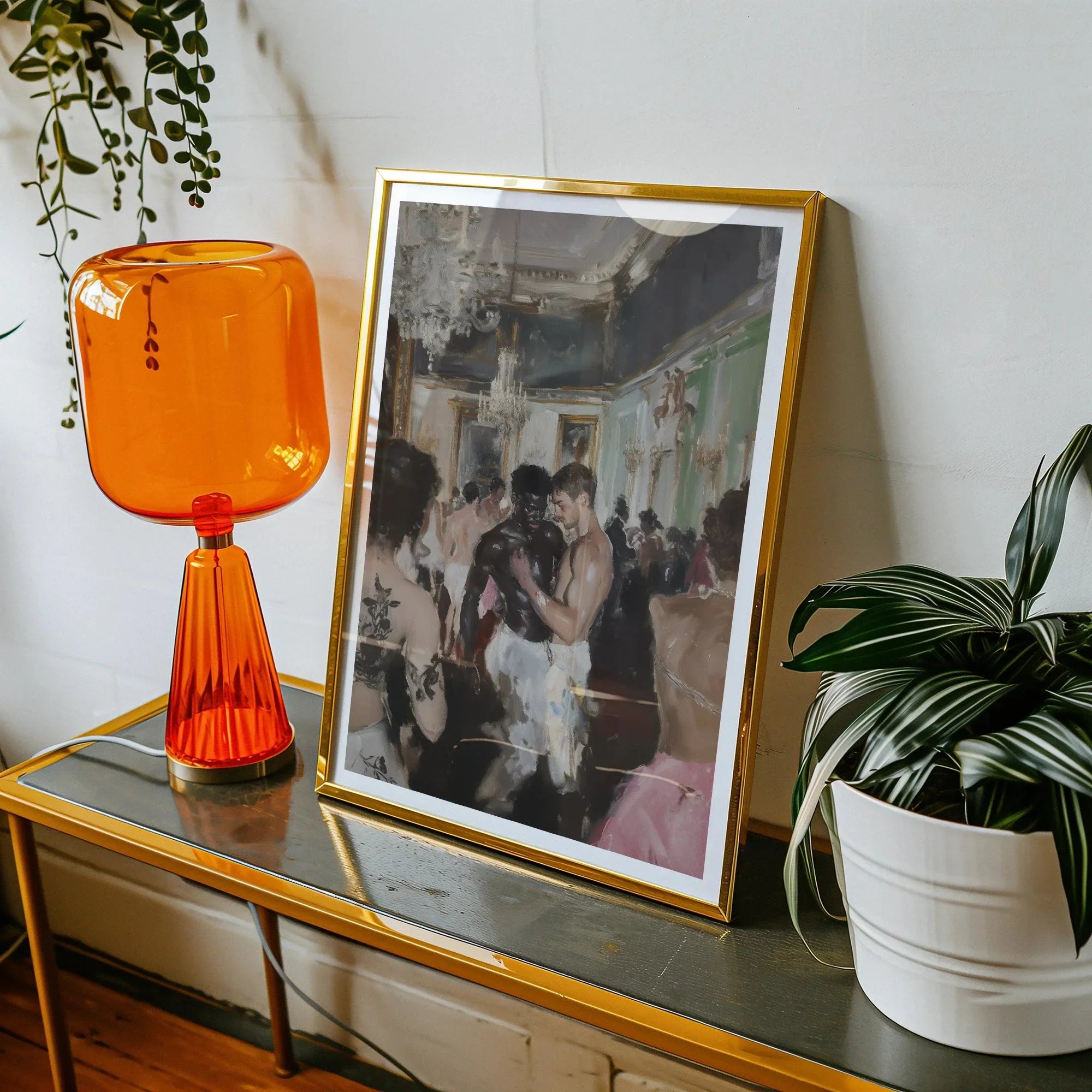 Last Dance - Luxe Vintage Gay Rave Art Print, Framed Romantic Dance Scene Artwork Alongside Orange Glass