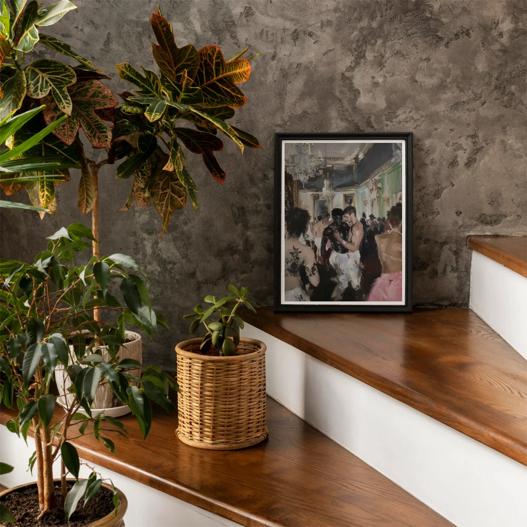 Last Dance - Luxe Vintage Gay Rave Art Print, Potted Houseplants Arranged Wooden Steps Framed Artwork