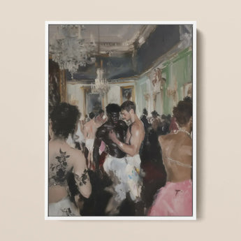 Last Dance - Vintage Gay Rave Art Framed Canvas, 12x16’’ / 31x41cm / White Floating Frame, Painting Lively People Two Men Center Dark Skin