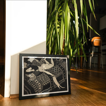 Laziness - Félix Edouard Vallotton Woodcut Art Print, Framed Black White Artwork Figure Among Geometric Patterns