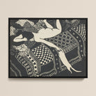 Laziness Félix Edouard Vallotton Woodcut Framed Canvas, Black White Woodcut Style Print Nude Figure Patterned Fabric