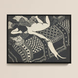 Laziness - Félix Edouard Vallotton Woodcut Framed Canvas, Black White Woodcut-style Print Nude Figure Patterned Fabric