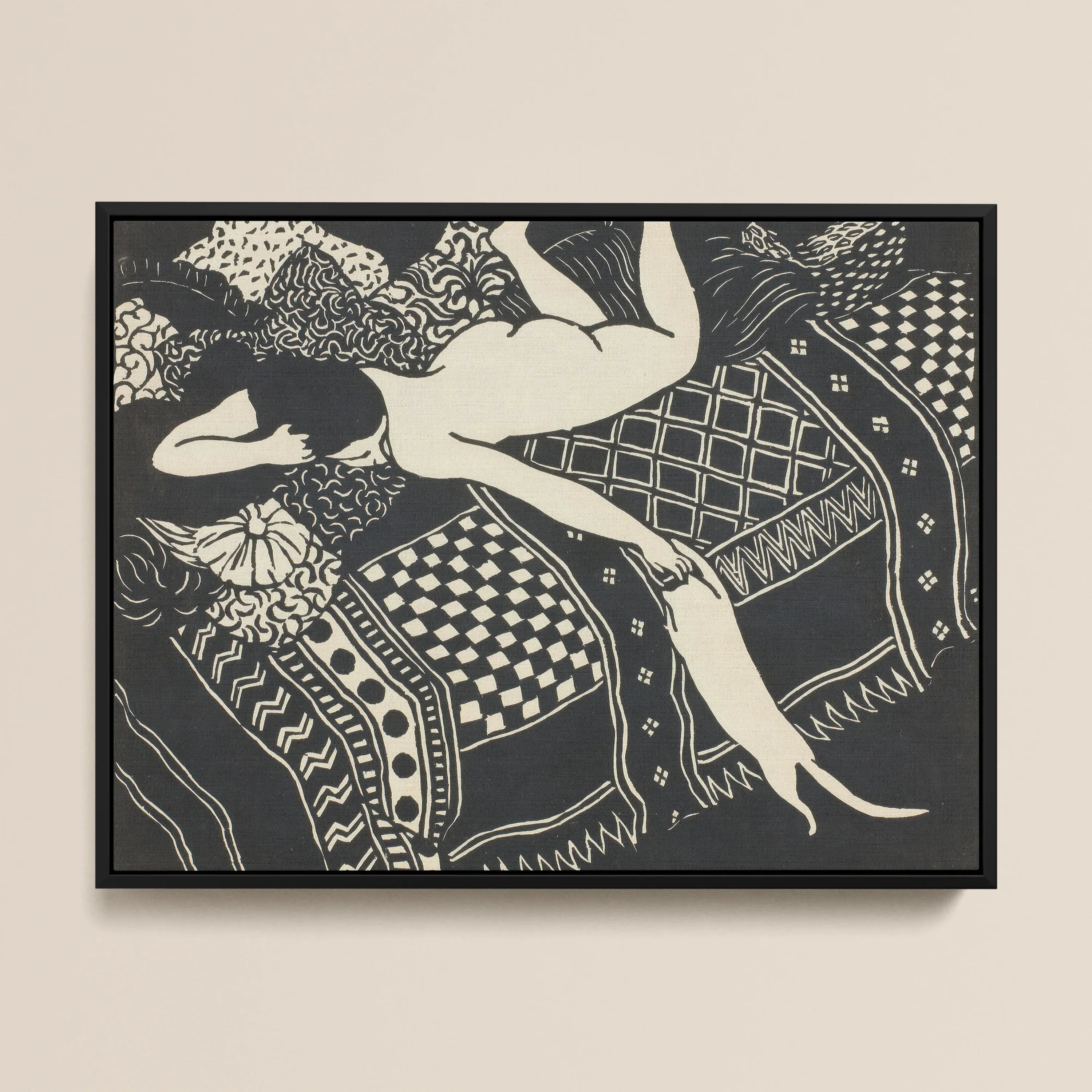 Laziness Félix Edouard Vallotton Woodcut Framed Canvas, Black White Woodcut Style Print Nude Figure Patterned Fabric