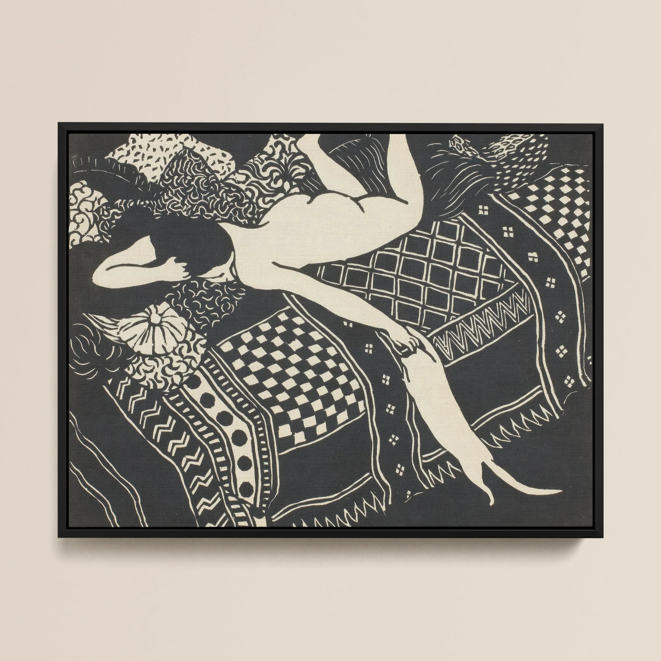 Laziness - Félix Edouard Vallotton Woodcut Framed Canvas, Black White Woodcut-style Print Nude Figure Patterned Fabric