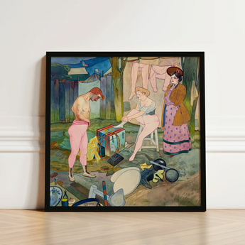 Black-framed Artwork Vintage-style Illustration Three Figures Outdoor Scene Cirque Corvi, Belle époque Circus, Georges De Feure Art Nouveau