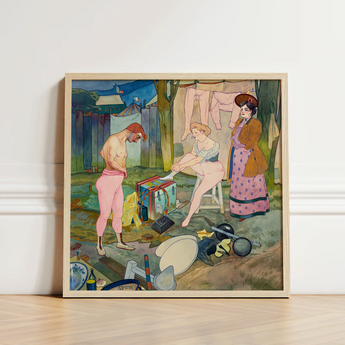 Framed Watercolor Painting Three Figures Outdoor Scene Enclosed Cirque Corvi, Belle époque Circus, Georges De Feure Art Nouveau