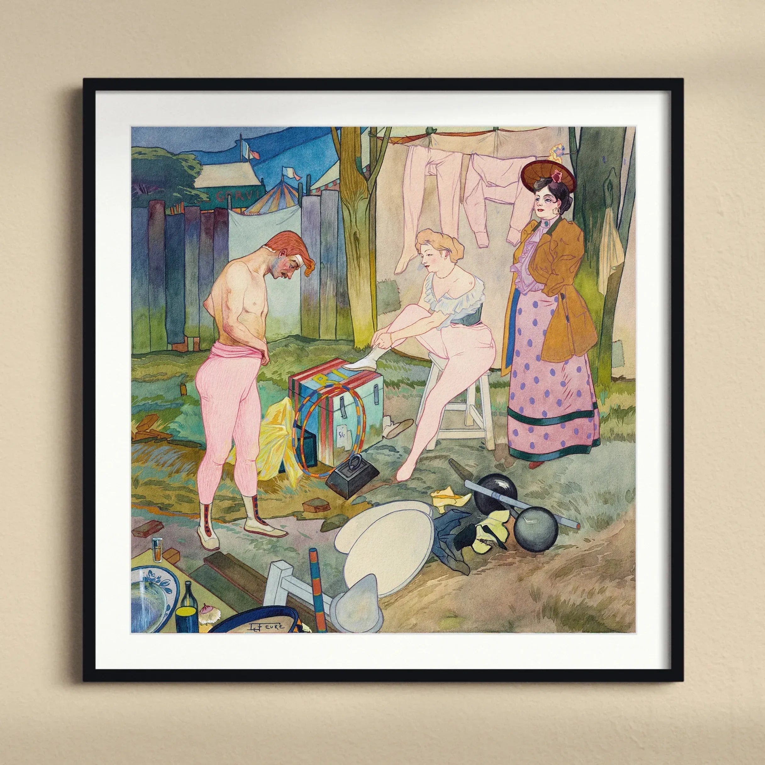 Le Cirque Corvi - Georges De Feure Art Nouveau Print, Framed Watercolor Painting People Backyard Laundry Household Items