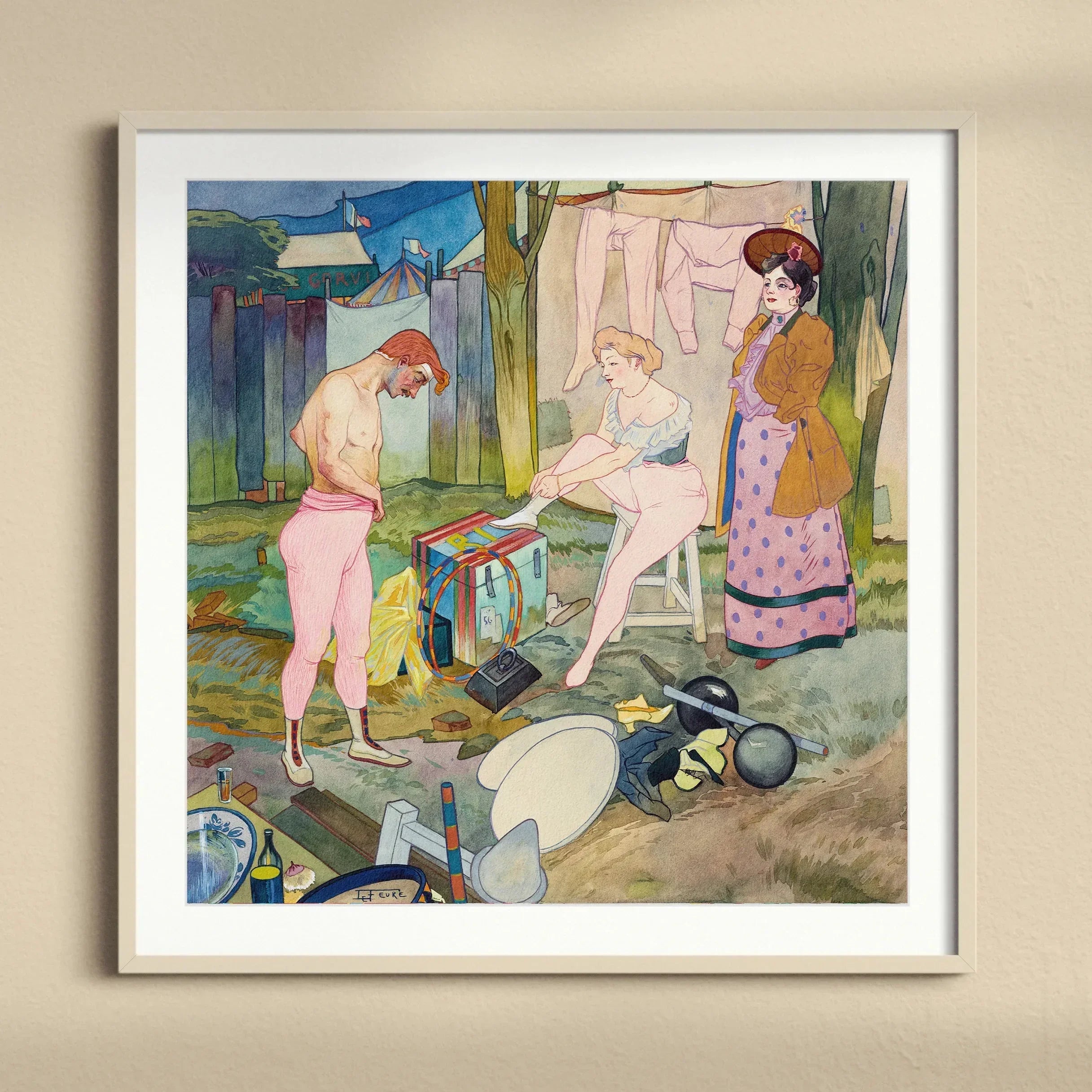 Le Cirque Corvi - Georges De Feure Art Nouveau Print, Framed Watercolor Painting People Backyard Laundry Scattered Items