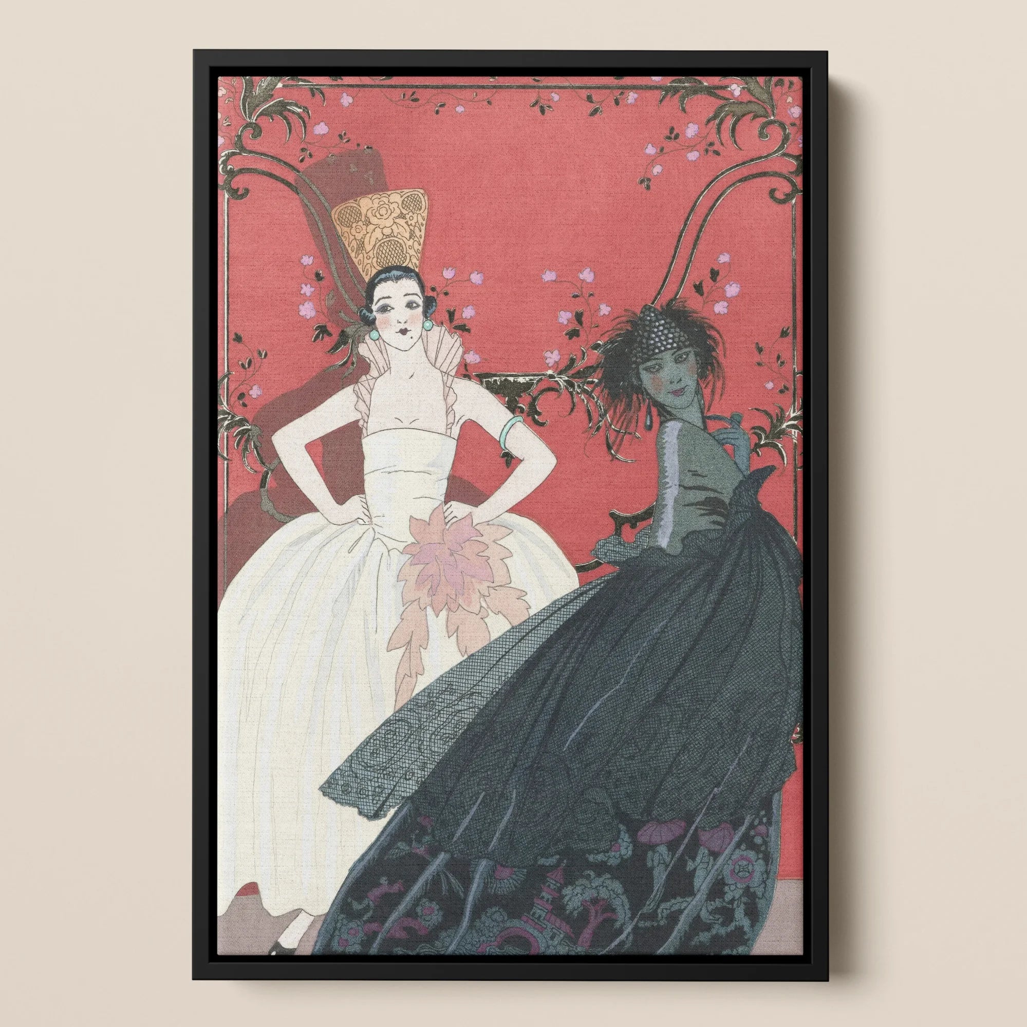 Le Jour et La Nuit George Barbier 1920s Art Framed Canvas, Framed Vintage Style Illustration Two Elegantly Dressed Women White
