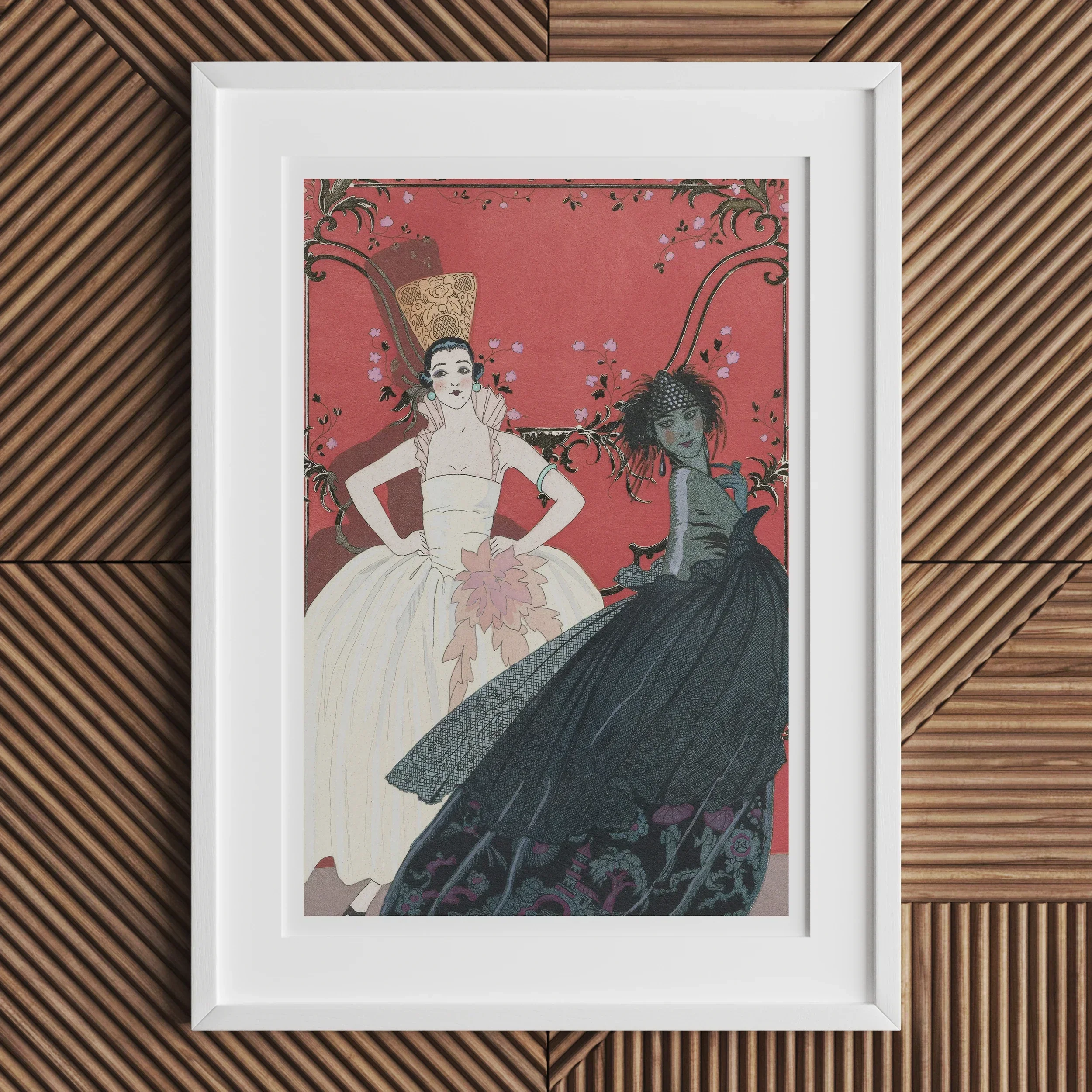 Le Jour et La Nuit George Barbier 1920s Art Print, Framed Artwork Two Stylized Female Figures Elaborate Gowns