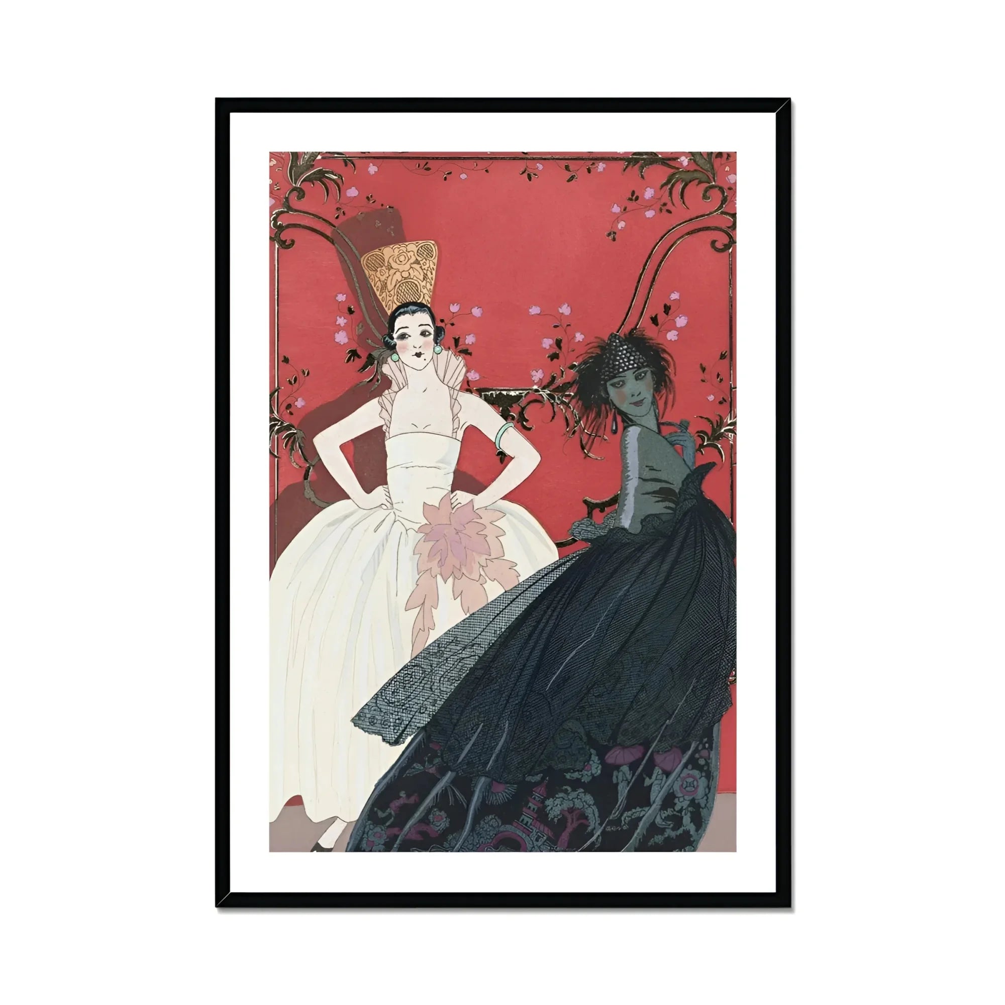 Le Jour et La Nuit - George Barbier 1920s Art Print, Art Print Two Women White Black Ballgowns Coral-colored