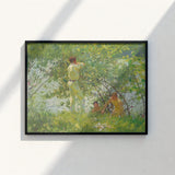 Black-framed Painting Sunlit Outdoor Scene Figures Light-colored Attire Henry Scott, Leafy June, Dappling Riverbank Grasses