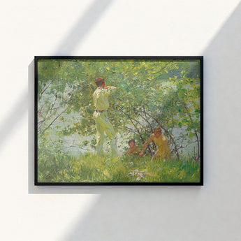 Black-framed Painting Sunlit Outdoor Scene Figures Light-colored Attire Henry Scott, Leafy June, Dappling Riverbank Grasses