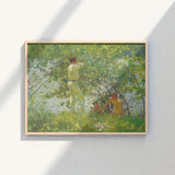 Framed Oil Painting Three Figures Sunlit Green Outdoor Henry Scott, Leafy June, Dappling Riverbank Grasses