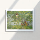 White-framed Painting Sunlit Outdoor Scene Figures Light Green Henry Scott, Leafy June, Dappling Riverbank Grasses