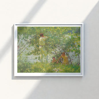 White-framed Painting Sunlit Outdoor Scene Figures Light Green Henry Scott, Leafy June, Dappling Riverbank Grasses