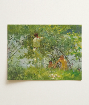 Vibrant Impressionist Painting Three Figures Sunlit Leafy Outdoor Henry Scott, June, Dappling Riverbank Grasses