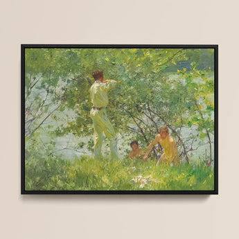 Leafy June - Henry Scott Tuke Art Print / Canvas Framed Oil Painting Three Figures Sunlit Green Outdoor Henry Scott, Leafy June, Dappling