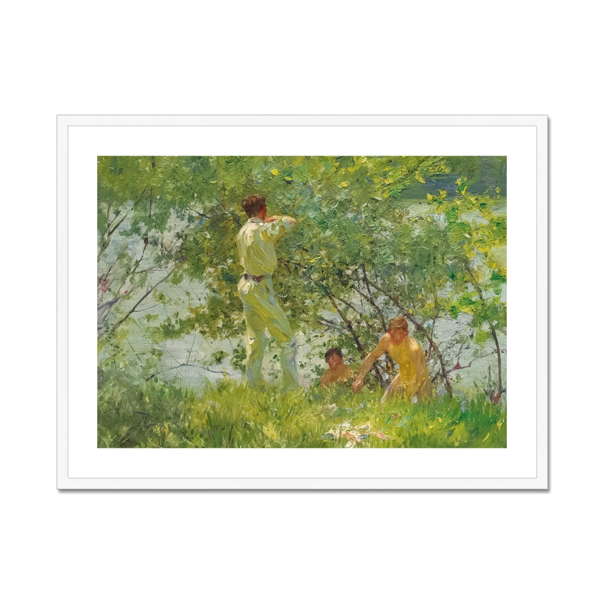 Leafy June Henry Scott Tuke Art Print, Framed Landscape Painting People Lush Green Water