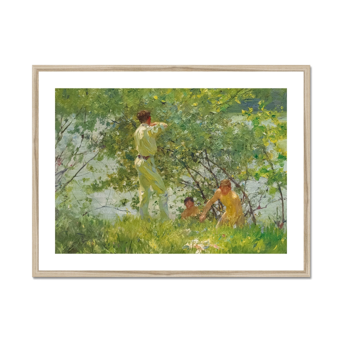 Leafy June Henry Scott Tuke Art Print, Impressionistic Painting Light Wooden Frame Men Body Water