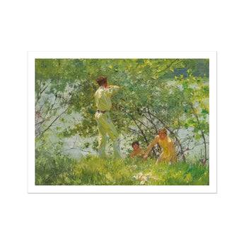 Leafy June - Henry Scott Tuke Art Print, Painting Three Figures Lush Green Landscape Body Water