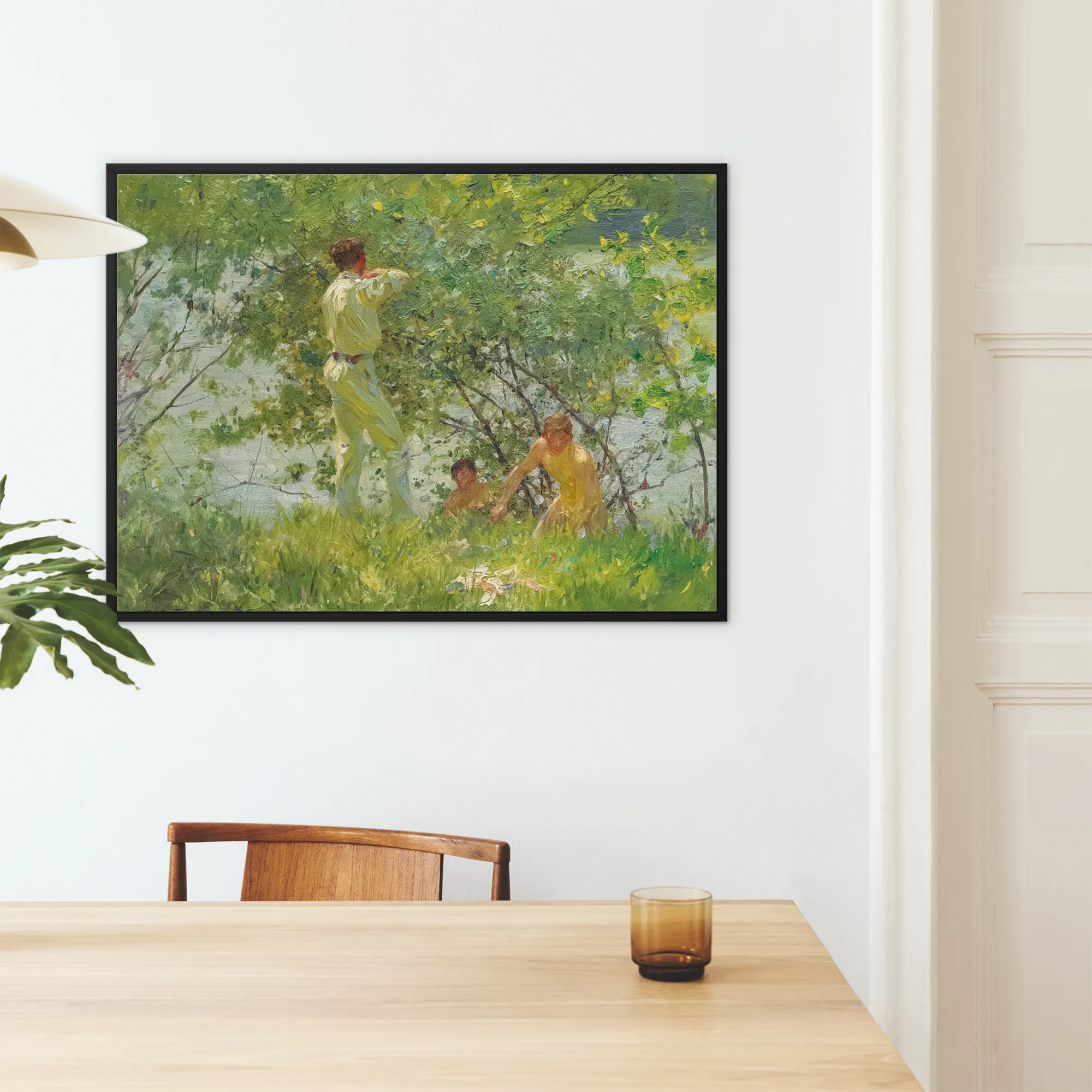 Leafy June Henry Scott Tuke Framed Canvas, Framed Landscape Painting Figures Sunlit Leafy Water