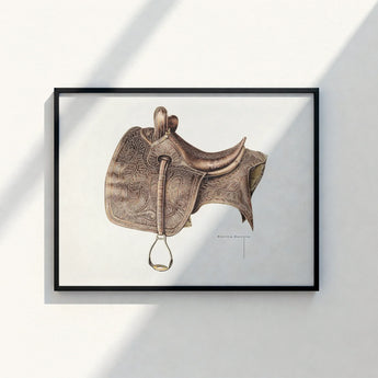 Detailed Illustration Brown Leather Western Saddle Intricate Tooled Bertha Semple 1930s, Equestrian Art