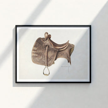 Detailed Sepia-toned Illustration Ornate Leather Saddle Intricate Floral Bertha Semple 1930s, Equestrian Art