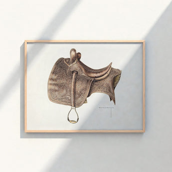 Detailed Illustration Brown Leather Western Saddle Intricate Tooled Bertha Semple 1930s, Equestrian Art