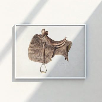 Detailed Illustration Brown Leather Western Saddle Intricate Tooled Bertha Semple 1930s, Equestrian Art