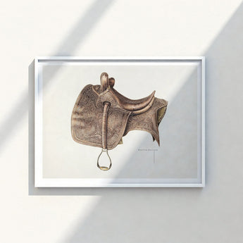 Detailed Illustration Brown Leather Western Saddle Intricate Tooled Bertha Semple 1930s, Equestrian Art