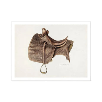 Leather Saddle - Bertha Semple Equestrian Art Print / Canvas Brown Leather Horse Saddle Ornate Tooled Stirrup Bertha Semple 1930s, 1930s