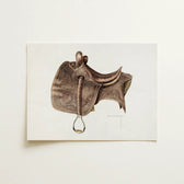 Detailed Illustration Brown Leather Western Saddle Intricate Tooled Bertha Semple 1930s, Equestrian Art