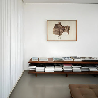 Leather Saddle - Bertha Semple Equestrian Art Print / Canvas Wooden Bench Stacked Books Magazines Arranged Two Levels Bertha Semple 1930s,