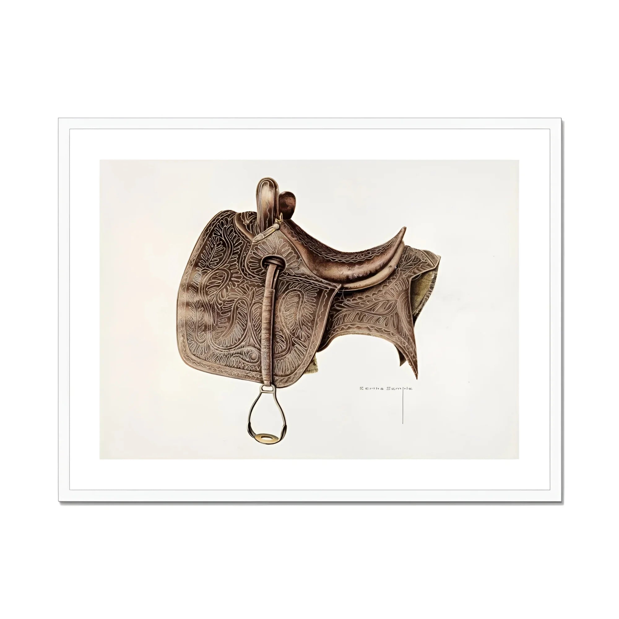 Leather Saddle - Bertha Semple Equestrian Art Print, Vintage Brown Leather Horse Saddle Ornate Tooled Stirrup