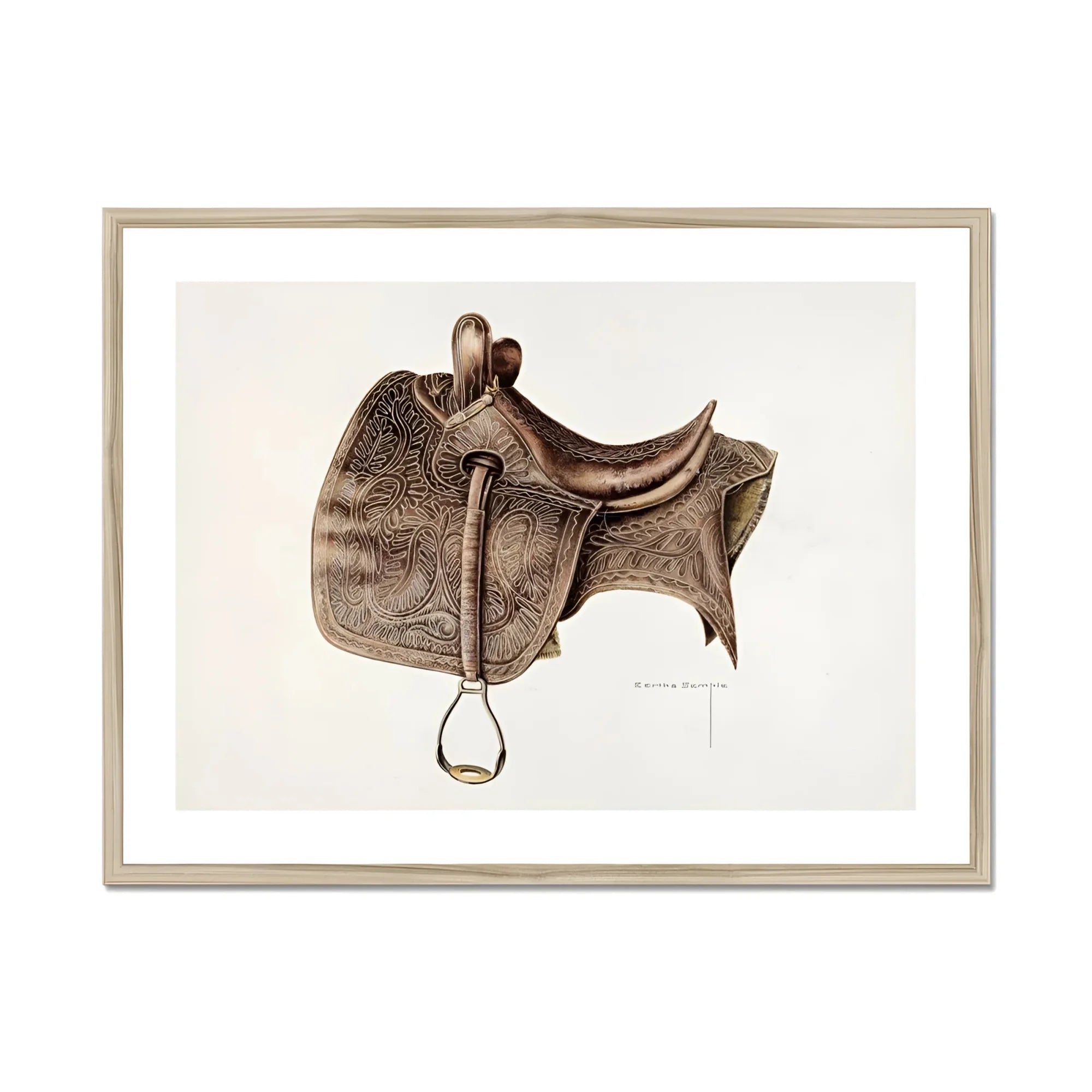 Leather Saddle - Bertha Semple Equestrian Art Print, Vintage Leather Horse Saddle Ornate Tooled Stirrup