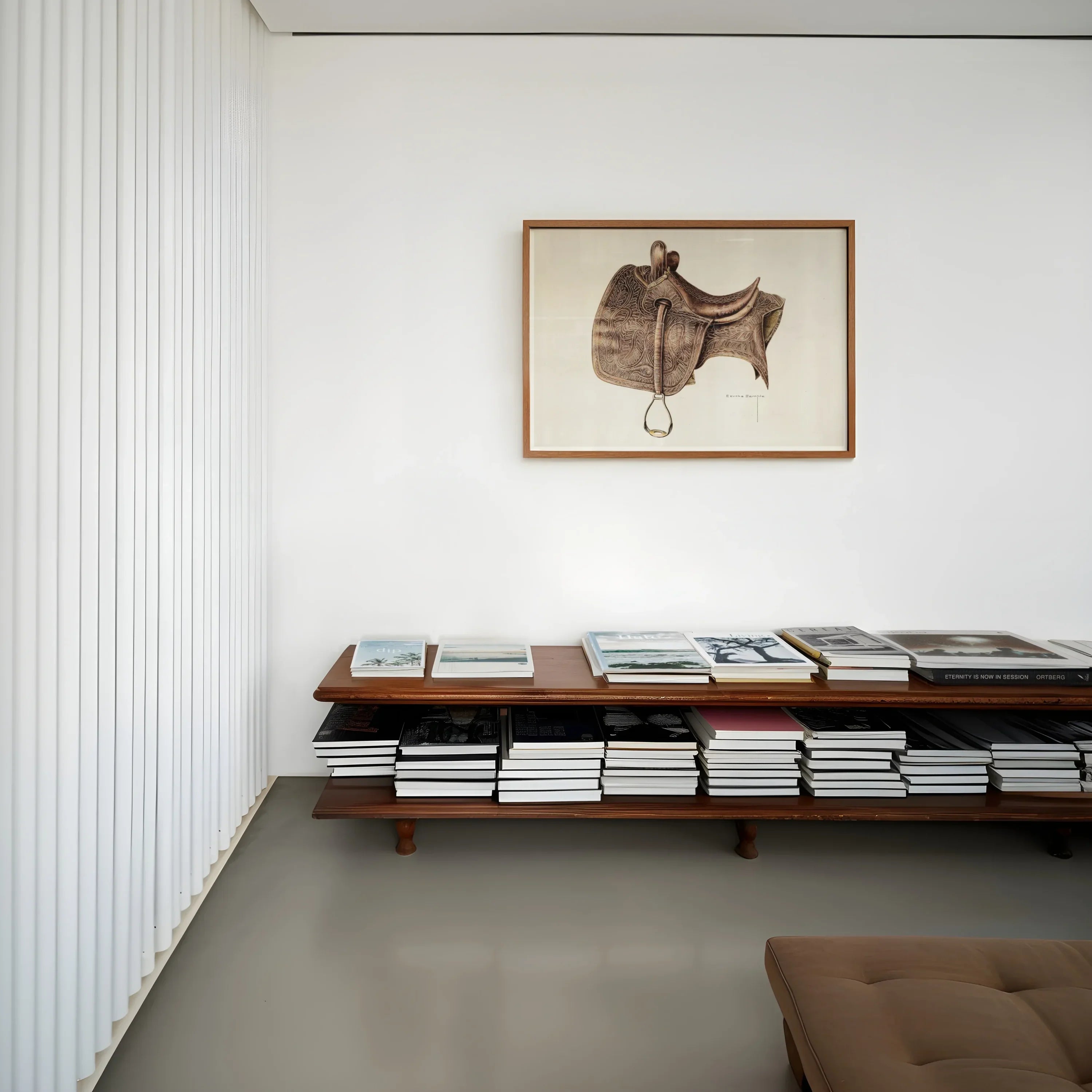 Leather Saddle Bertha Semple Equestrian Art Print, Wooden Bench Stacked Books Magazines Arranged Two Levels
