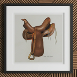 Leather Saddle - Harry Mann Waddell Equestrian Art Print, 12x12’’ / 31x31cm / Black Frame / 2’’ Matboard, Well-maintained Brown Leather