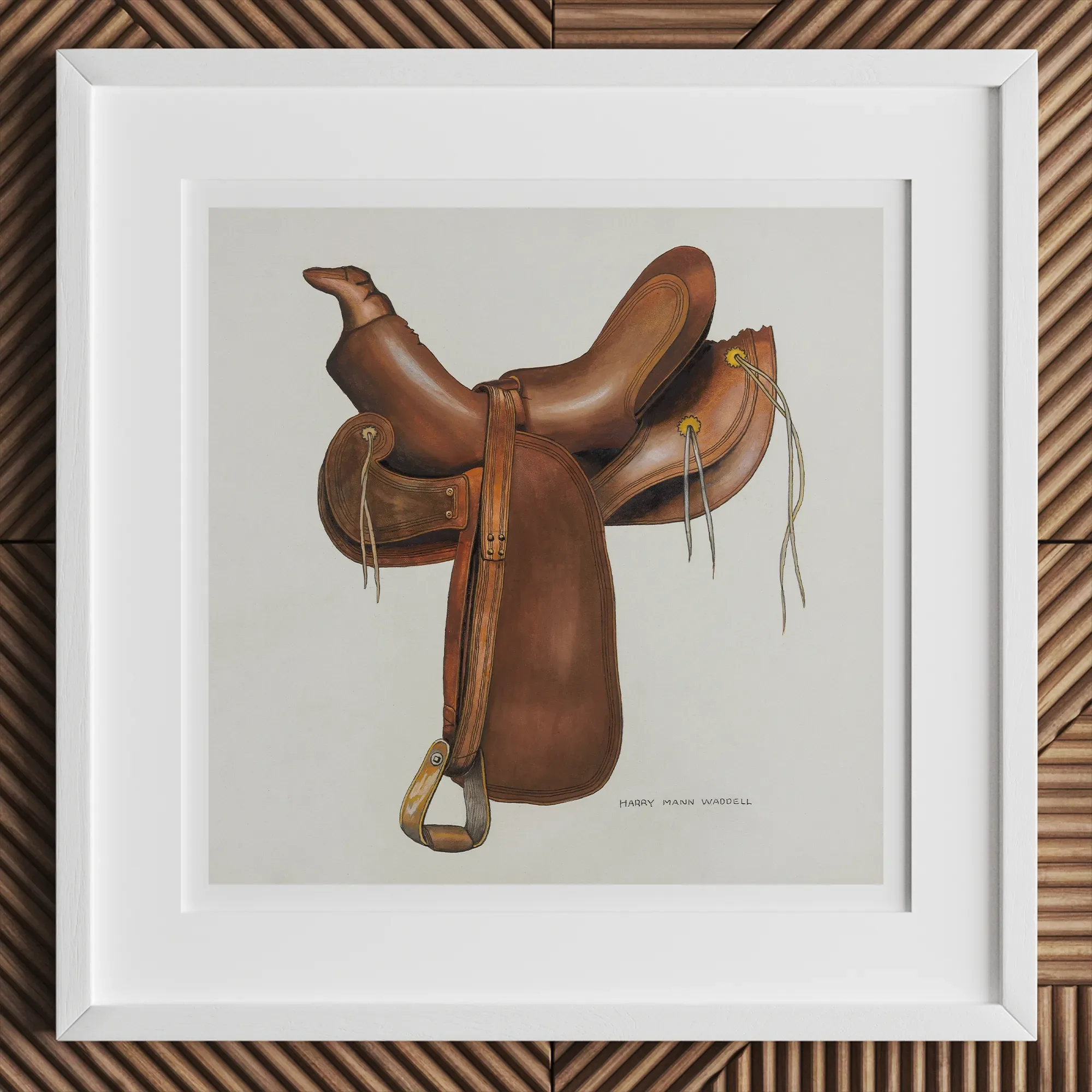 Leather Saddle - Harry Mann Waddell Equestrian Art Print, 12x12’’ / 31x31cm / White Frame, Brown Leather English Horse Saddle