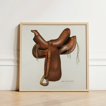 Framed Illustration Brown Leather Western Saddle Brass Hardware Harry Mann Waddell, Equestrian, Art