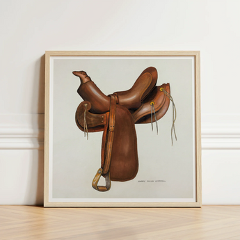 Brown Leather Western Saddle Illustration Light Wood Frame Harry Mann Waddell, Equestrian, Art