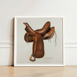 Brown Leather Western Saddle Illustration White Frame Harry Mann Waddell, Equestrian, Art