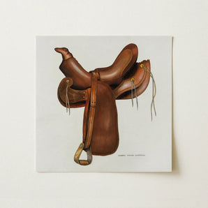 Leather Saddle - Harry Mann Waddell Equestrian Art Print / Canvas Brown Leather Western Saddle Detailed Brass Hardware Harry Mann Waddell,