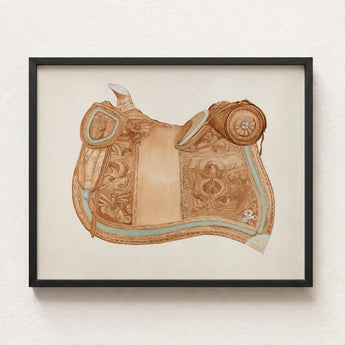 Detailed Illustration Ornate Tan Leather Saddle Intricate Gold 1930s Equestrian Art, Mesmerizing, Woods